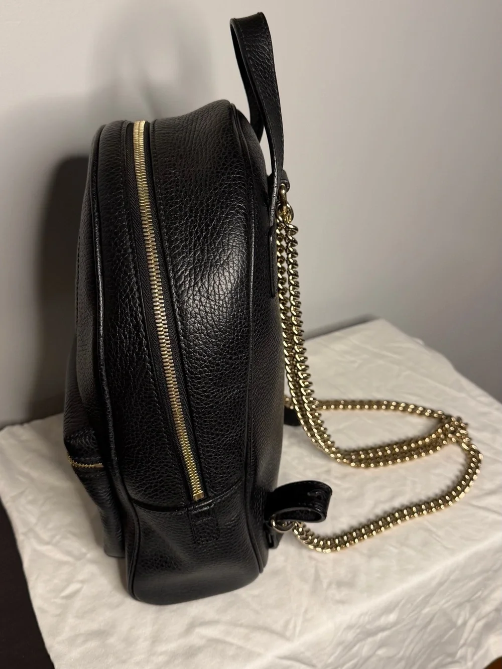 Gucci Black Pebbled Leather Mini Backpack with Gold Chain Straps